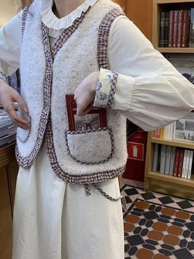 浮生八记/24D185/复古格纹圈圈毛拼色抽皱英伦叠穿保暖马甲