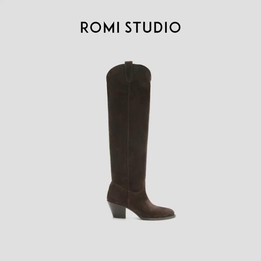 ROMI STUDIO“纽约美式”丝光牛反绒粗跟尖头布朗棕高筒靴 23AWS087 商品图1
