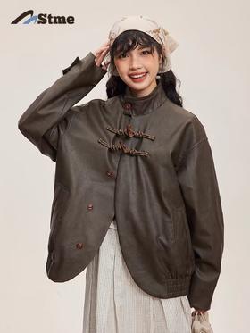 早乙女惠子saotome/STMWT243153/新中式弧形门襟皮衣