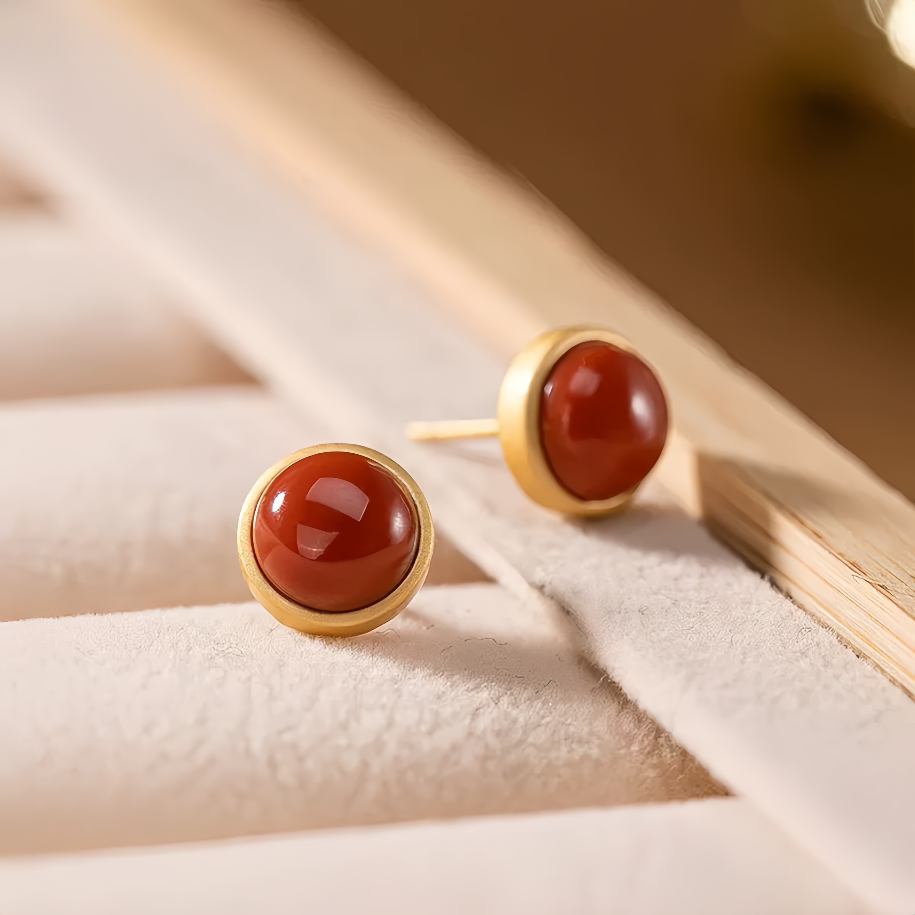 【相思·天然南红银镀金耳钉】S925纯银镀金镶嵌南红玛瑙耳钉圆形简约蛋面简约时尚气质女士耳饰