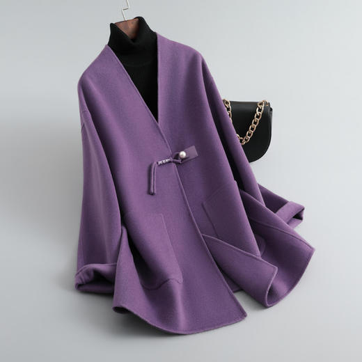 丁摩 高端休闲羊毛羊绒外套牛角扣10羊绒宽松大码双面呢5ZF-28376 商品图0