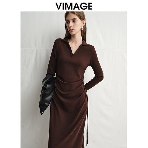 VIMAGE纬漫纪气质女神垂坠修身高腰显瘦深卡其连衣裙2025春季新款V2307920 商品图2