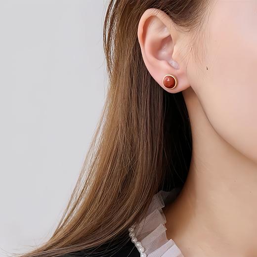 【相思·天然南红银镀金耳钉】S925纯银镀金镶嵌南红玛瑙耳钉圆形简约蛋面简约时尚气质女士耳饰 商品图1
