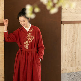 牧衣游原创刺绣进口亚麻红色连衣裙 限量福利款 晚溪不支持会员折