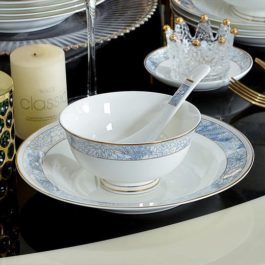 唐惠餐具套装50头唐山骨瓷碗盘餐具碗套装乔迁结婚送礼皮箱装蓝色精灵 蓝色精灵50头 商品图2