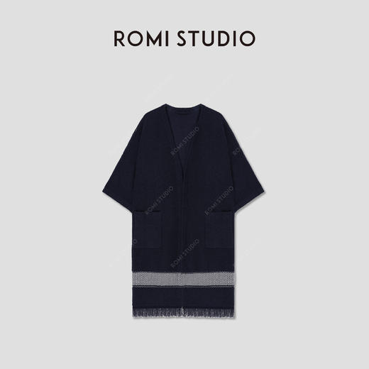 ROMI STUDIO宽松中长款流苏藏蓝色毛衣针织开衫23AWW097 商品图0