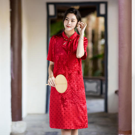 丁摩 夏季新品女装国风旗袍波点提花凤凰刺绣A字版双乔真丝连衣裙5ZF-75214 商品图1