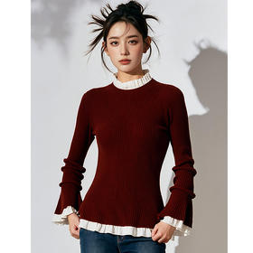 奢姿2025年春季新款大码女装拼接喇叭袖上衣胖妹妹港风复古针织衫9844627546