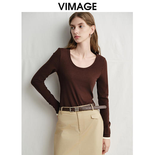 VIMAGE纬漫纪舒适柔软修身纯色长袖设计感T恤上衣春季新款V2313905 商品图3