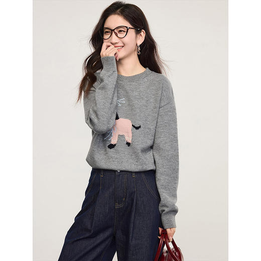 【129选3件，不退换】熙世界萌宠狗狗提花毛衣2025春秋新款时髦减龄圆领套头毛针织衫 商品图4