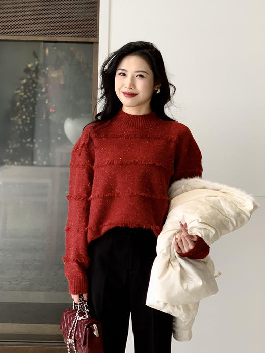 【百图lulu定制】【璀璨羽毛毛衣】懒风高级感 半高领   新年红 毛衣 商品图9