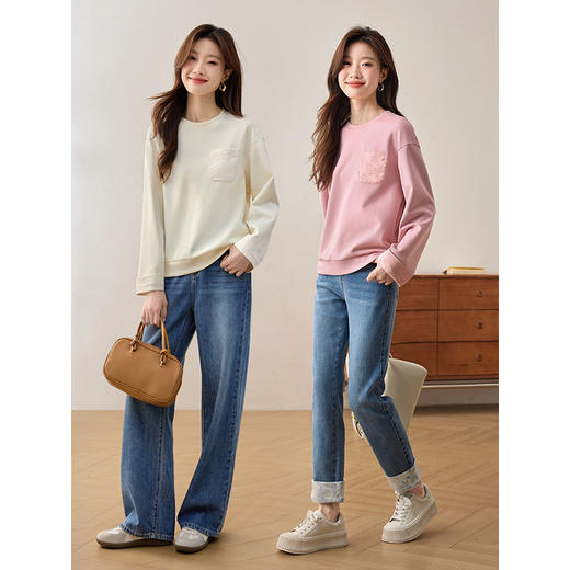 【年终特卖】熙世界熙世界轻中式提花粉色卫衣宽松休闲圆领套头上衣2025年春装新款 商品图2