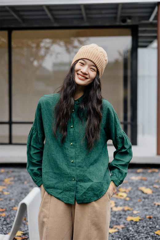 绽放旅行女装018朵/秋冬士林色织亚麻立领开襟落肩宽松长袖衬衫 商品图5