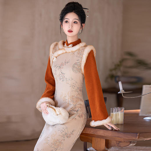 提花新中式改良旗袍加厚马甲加绒修身显瘦假两件ZL151 商品图0