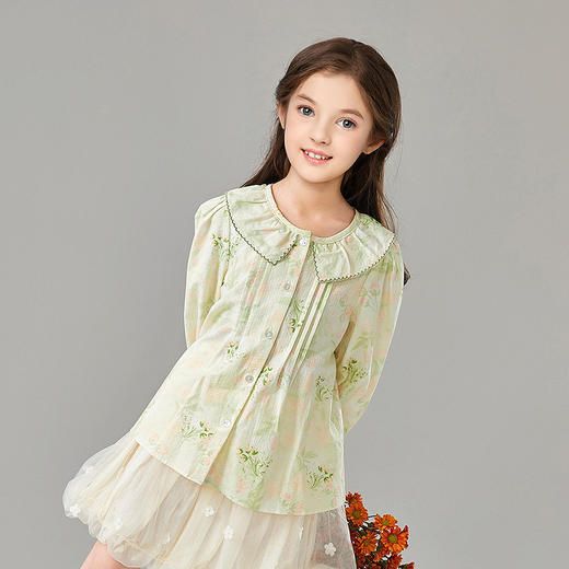 笛莎Deesha 童装女童衬衫2025春新款女童优雅花版翻领衬衫 商品图0