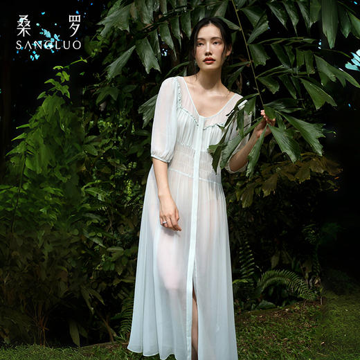 桑罗乔其纱睡裙睡袍套装蕾丝拼接桑蚕丝仙气轻纱晨袍浪漫度假 商品图0