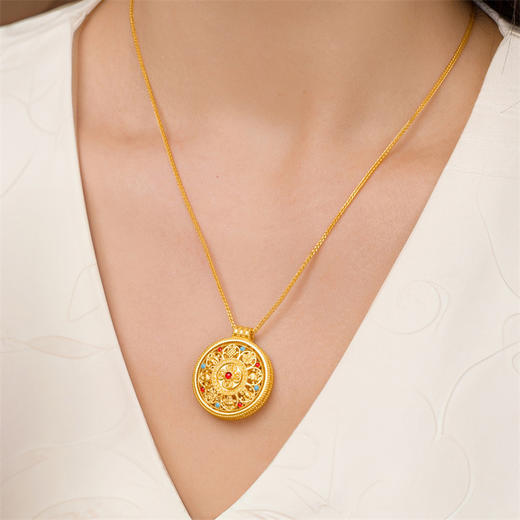 【热卖臻品】典粹八宝罗盘项链 可转动古法金圆盘足金黄金套链女士礼物【按克计价黄金1】MEMORA诗普琳GN262201 商品图2