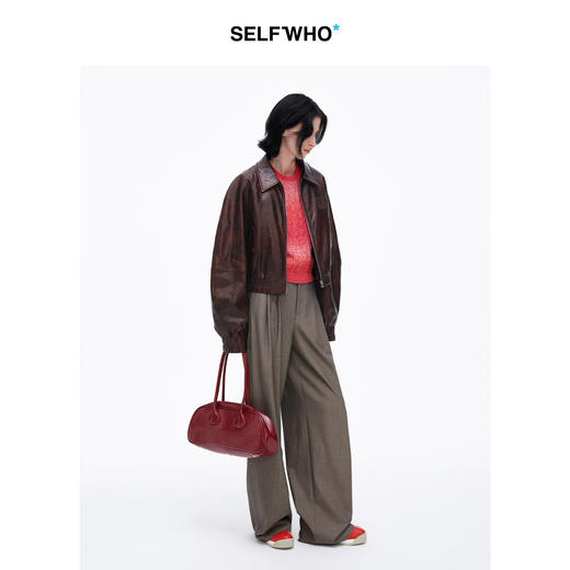 SELFWHO复古pu皮翻领夹克女2025春季新款机车高级拼接宽松短外套 商品图2