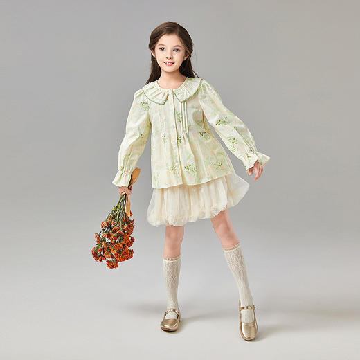 笛莎Deesha 童装女童衬衫2025春新款女童优雅花版翻领衬衫 商品图2