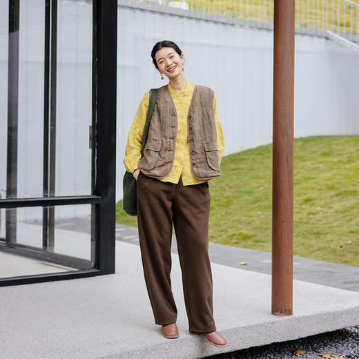 绽放旅行女装018朵/秋冬士林色织亚麻立领开襟落肩宽松长袖衬衫 商品图3