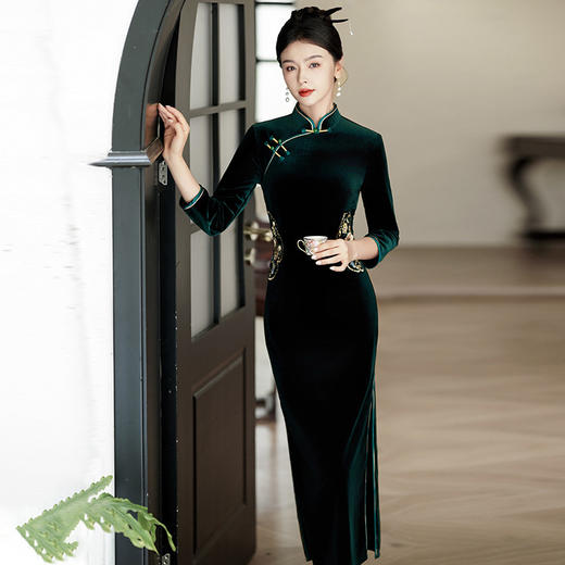 金丝绒走秀长款大气礼仪形体日常可穿旗袍ZL122 商品图1