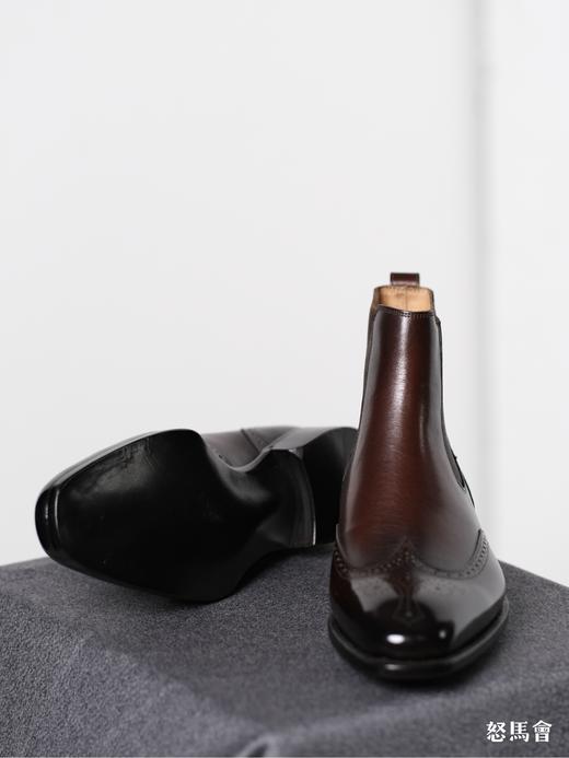 手工固特异法国小牛皮圆弧琴底咖啡色布洛克切尔西靴 商品图2