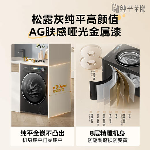 美的（Midea） 10公斤 滚筒洗衣机 全自动家用 纯平全嵌 元气2.0  医护级除菌螨 松露灰 MG10VC2 商品图5