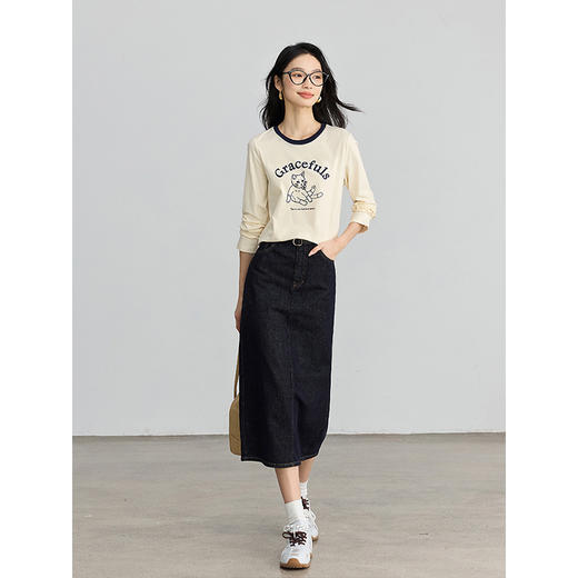 【年终特卖】熙世界2025春秋新款撞色圆领猫咪印花T恤长袖美式复古正肩上衣 商品图4