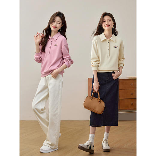 【年终特卖】熙世界美式休闲polo领卫衣春季2025新款设计感小熊刺绣翻领上衣 商品图2