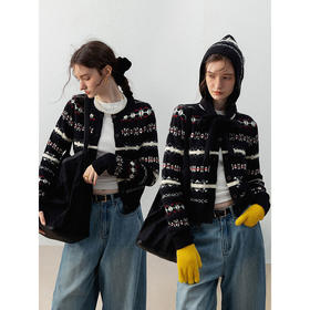 热力感百搭撞色提花长袖毛衣开衫短外套针织衫秋冬新款女S-2XL