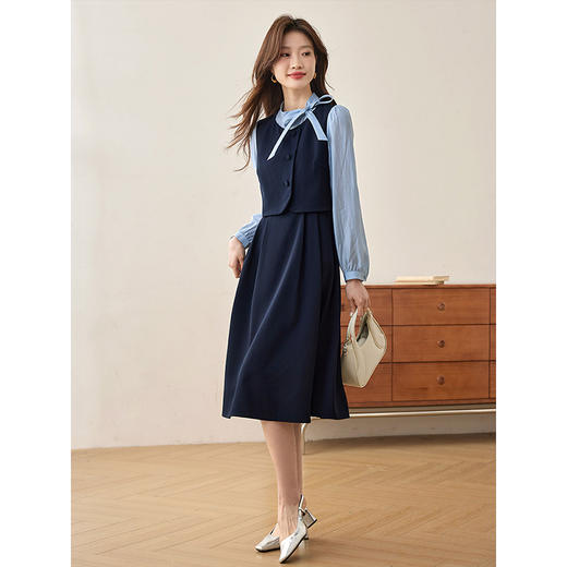 【五折购】熙世界法式蝴蝶结假两件连衣裙2025春秋新款通勤职场赫本风裙子 商品图4