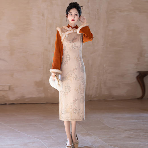 提花新中式改良旗袍加厚马甲加绒修身显瘦假两件ZL151 商品图3