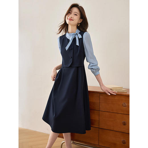 【五折购】熙世界法式蝴蝶结假两件连衣裙2025春秋新款通勤职场赫本风裙子 商品图2