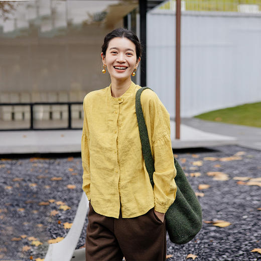 绽放旅行女装018朵/秋冬士林色织亚麻立领开襟落肩宽松长袖衬衫 商品图1