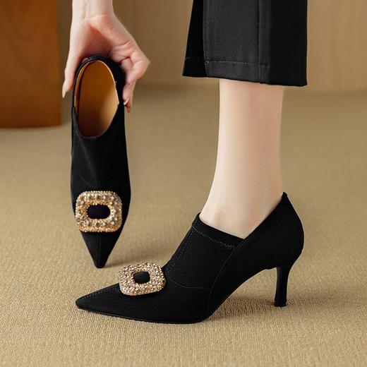 【预售5天】深口高跟单鞋女春秋新款钻扣黑色绒面尖头弹力踝靴DB&M6159 商品图2