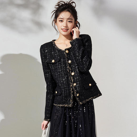 奢姿2025年春装新款大码女装简约小香风开衫胖妹妹粗花时尚外套9923352193 商品图0