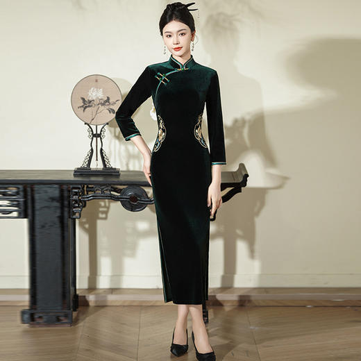 金丝绒走秀长款大气礼仪形体日常可穿旗袍ZL122 商品图2