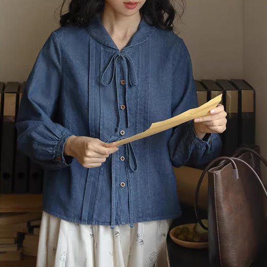 裁缝学苑AQ409水洗牛仔系带衬衫纸样女装法式复古长袖上衣衬衣样板 商品图5