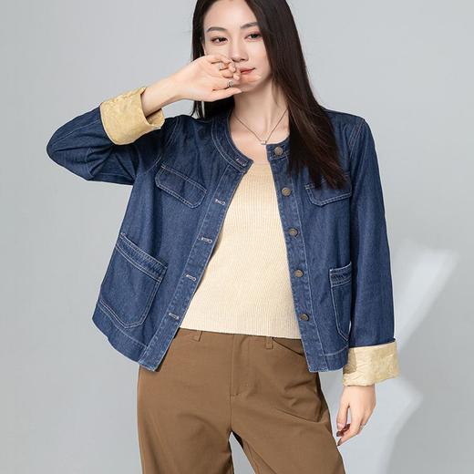 【高货xg】全新升级【铂金会员220/天猫299/差价79】(13119) 洛诗琳新中式中无领牛仔外套2025春季撞色拼接国风外套 商品图0