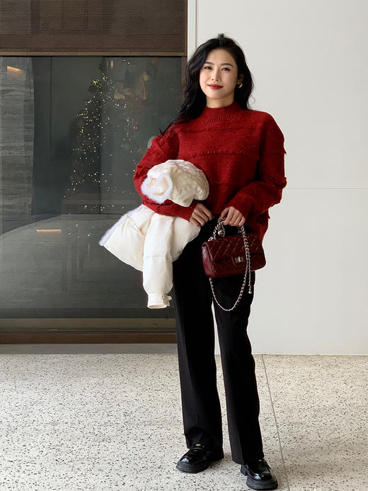 【百图lulu定制】【璀璨羽毛毛衣】懒风高级感 半高领   新年红 毛衣 商品图3