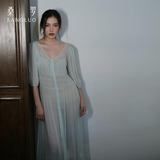 桑罗乔其纱睡裙睡袍套装蕾丝拼接桑蚕丝仙气轻纱晨袍浪漫度假 商品图2