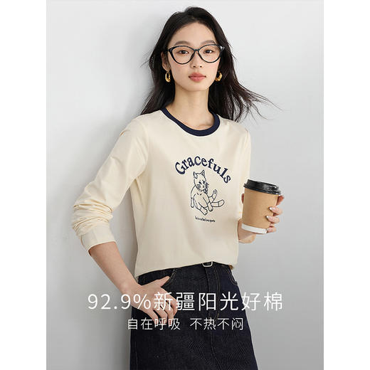 【年终特卖】熙世界2025春秋新款撞色圆领猫咪印花T恤长袖美式复古正肩上衣 商品图1