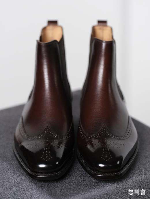 手工固特异法国小牛皮圆弧琴底咖啡色布洛克切尔西靴 商品图1