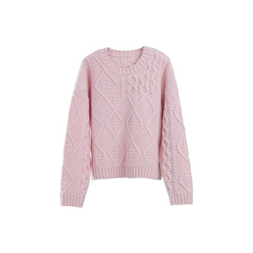 绽放011朵/100羊毛绞花针织上衣女复古棒针落肩慵懒蓝色套头毛衣 商品图4