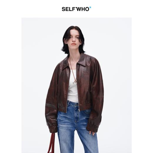SELFWHO复古pu皮翻领夹克女2025春季新款机车高级拼接宽松短外套 商品图0