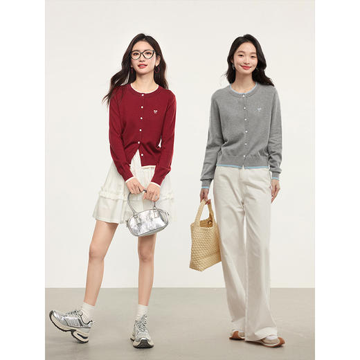 【春夏新品】熙世界安哥拉红假两件针织衫2025春秋新款休闲长袖羊毛开衫上衣 商品图0