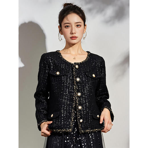 奢姿2025年春装新款大码女装简约小香风开衫胖妹妹粗花时尚外套9923352193 商品图2