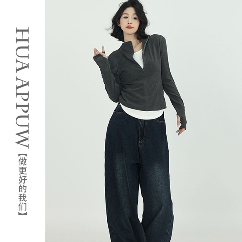 韩版假两件半拉链立领T恤打底衫女冬季新款叠穿保暖长袖上衣S-2XL