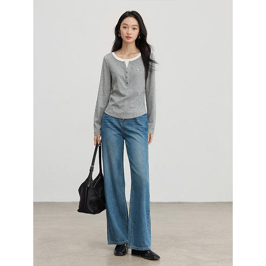 【春夏新品】熙世界熙世界法式撞色圆领假两件T恤长袖2025春秋新款长绒棉打底上衣 商品图2