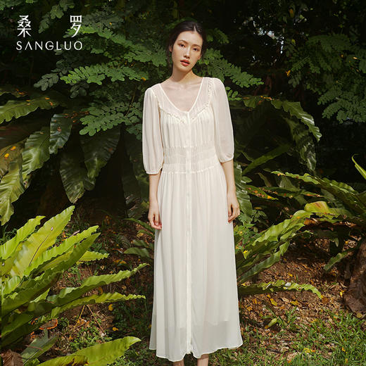 桑罗乔其纱睡裙睡袍套装蕾丝拼接桑蚕丝仙气轻纱晨袍浪漫度假 商品图4